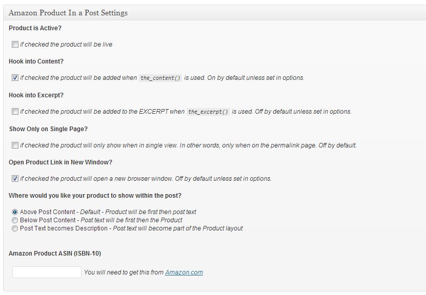 Das Plugin bindet sich ins Backend ein und erlaubt bei neuen Post´s mittels ASIN Nummer eine einfache Einbindung der Produkte.