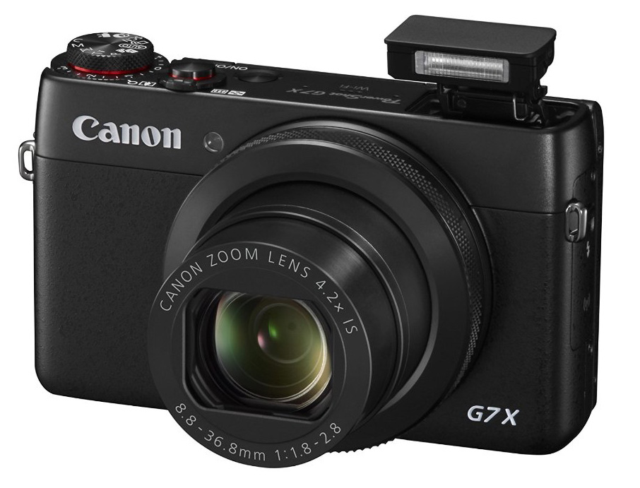 Canon PowerShot G7 X von Vorne mit Blitz
